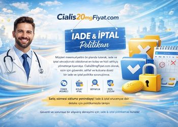 Cialis20mgFiyat.com iade ve iptal politikası sayfası için hazırlanmış güvenli alışveriş, takvim, kilit ve onay ikonları içeren profesyonel banner görseli