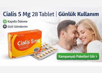 Cialis 5 Mg 28 tablet günlük kullanım ürünü kampanya bannerı, mutlu çift görseli, kapıda ödeme ve gizli gönderim avantajlarıyla