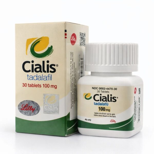 Cialis 100 mg tadalafil 30 tablet kutu ve şişe beyaz fonda profesyonel ürün görseli