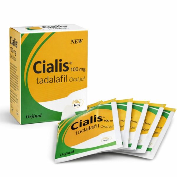 Cialis 100 mg tadalafil oral jel ürün kutusu ve tek kullanımlık saşe paketleri beyaz arka planda profesyonel çekim