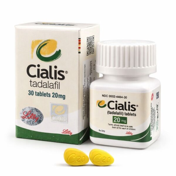Cialis 20 mg tadalafil 30 tablet kutu ve şişe ambalajı beyaz zemin üzerinde profesyonel ürün fotoğrafı