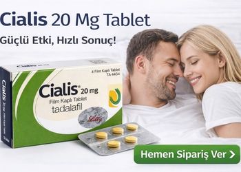 Cialis 20 mg 4 tablet tadalafil ürün bannerı, mutlu çift görseli ve hemen sipariş ver CTA butonlu kampanya görseli