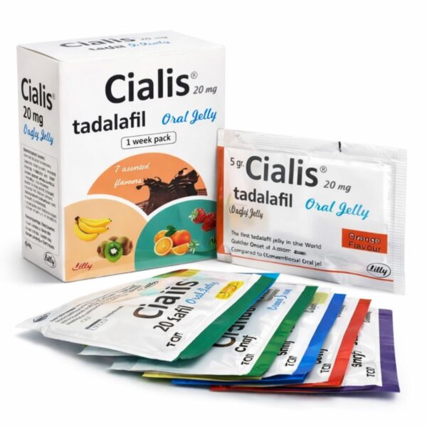 Cialis 20 mg tadalafil oral jel 7li paket kutu ve aromalı saşe formu beyaz arka planda profesyonel ürün çekimi