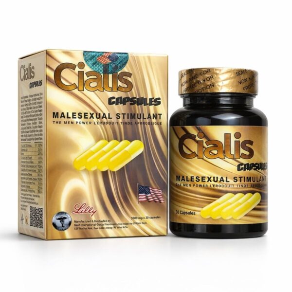 Cialis capsules 30 kapsül bitkisel takviye ürün kutusu ve şişesi beyaz arka planda profesyonel çekim