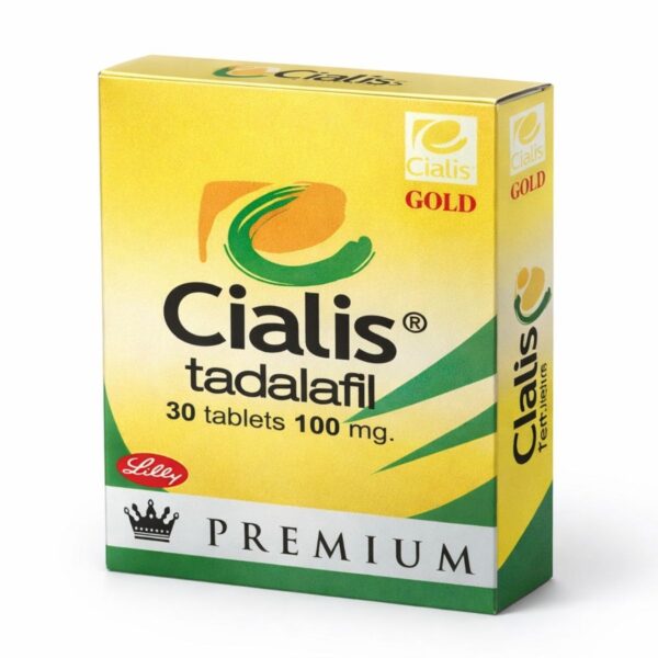 Cialis tadalafil 100 mg 30 tablet premium gold kutu beyaz arka planda profesyonel ürün çekimi görseli