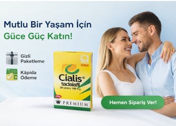 Mutlu çift görseli ile Cialis tadalafil 100 mg ürün bannerı gizli paketleme ve kapıda ödeme seçenekleri ile