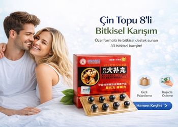 Çin topu 8’li bitkisel karışım banner görseli, mutlu çift, ürün kutusu ve kapsüller ile açık tonlarda profesyonel reklam tasarımı