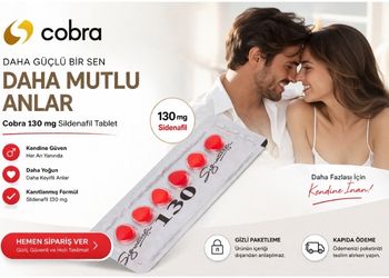 Cobra 130 mg sildenafil blister tablet ürünü ve mutlu çift görseli ile hazırlanmış modern reklam bannerı, gizli paketleme ve kapıda ödeme seçenekleriyle