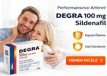 Degra 100 mg sildenafil banner görseli, mutlu çift ve ürün kutusu ile performans artırıcı tablet reklamı, kapıda ödeme ve gizli gönderim seçenekleri