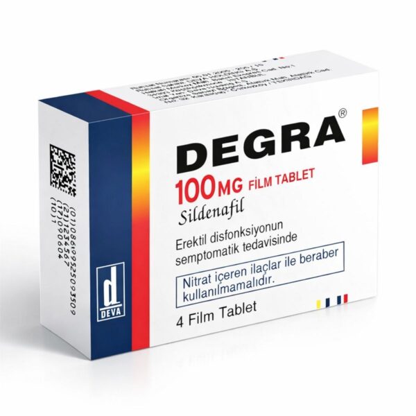 Degra 100 mg sildenafil film tablet kutusu, beyaz arka plan üzerinde profesyonel ürün fotoğrafı, 4 tablet erkek performans ilacı