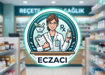 Eczane içinde ilaç şişesi ve reçete tutan gözlüklü, beyaz önlüklü kadın eczacı illüstrasyonu ve profesyonel eczacı logosu.