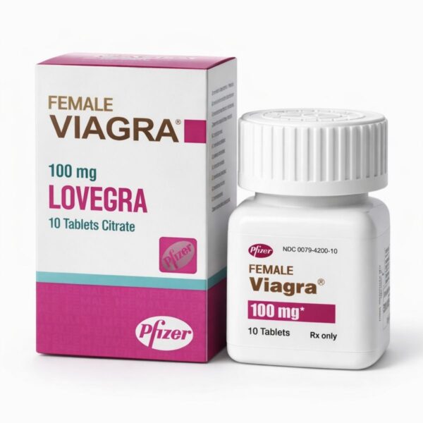 Female Viagra Lovegra 100 mg 10 tablet kutu ve şişe beyaz arka planda ürün görseli