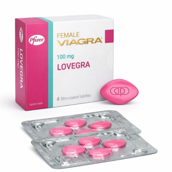 Female Viagra Lovegra 100 Mg 4 tablet kutu, blister ve pembe tabletler beyaz arka planda ürün görseli