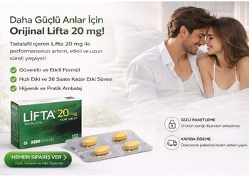 Lifta 20 mg tadalafil tablet ürünü, mutlu çift görseli, hemen sipariş ver butonu ve gizli paketleme ile kapıda ödeme ikonları içeren modern banner