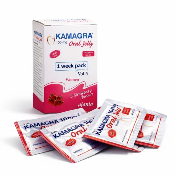Kamagra bayanlara özel pembe jel kutusu ve oral jelly saşeleri beyaz arka planda