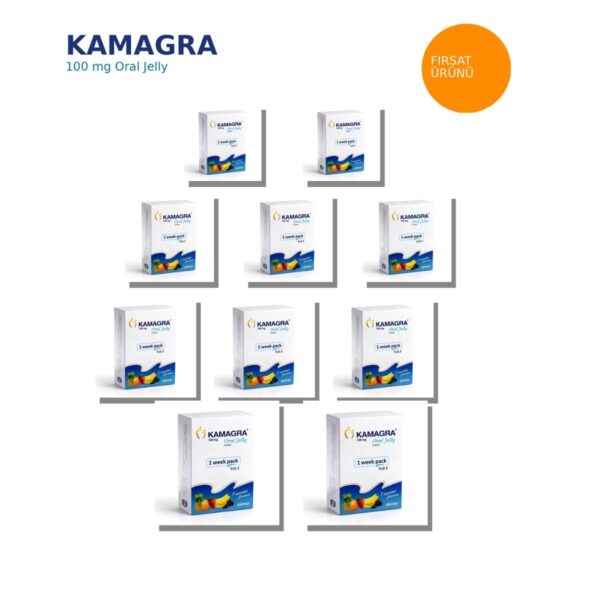 Kamagra Jel 100 mg 10’lu paket oral jelly sildenafil ürün kutuları beyaz zemin üzerinde çoklu set