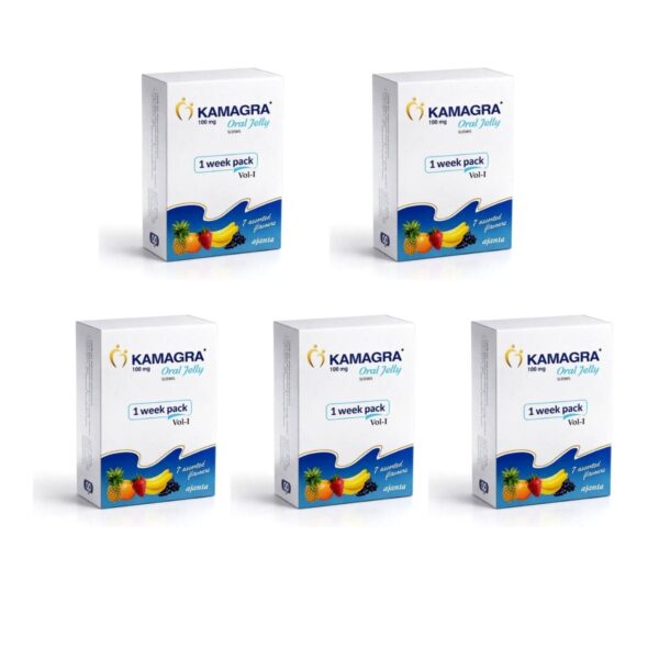 Kamagra Jel 100 mg 5’li paket oral jelly sildenafil ürün kutusu beyaz zemin üzerinde