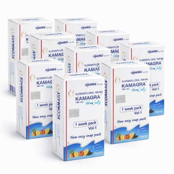 Kamagra Oral Jelly 100 mg sildenafil 10’lu paket kutu ve aromalı saşe ürün görseli beyaz arka plan üzerinde profesyonel stüdyo çekimi