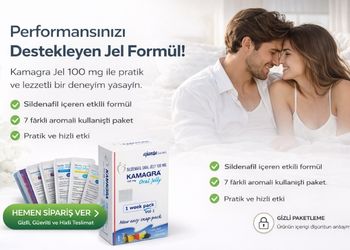 Kamagra Oral Jelly 100 mg jel saşe ürünü, mutlu çift görseli, hemen sipariş ver butonu ve gizli paketleme ile kapıda ödeme ikonları içeren modern banner