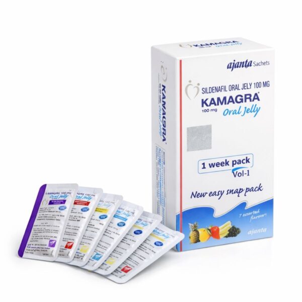Kamagra Oral Jelly 100 mg sildenafil jel saşe kutusu ve farklı aromalara sahip 7’li paket beyaz arka planda ürün görseli