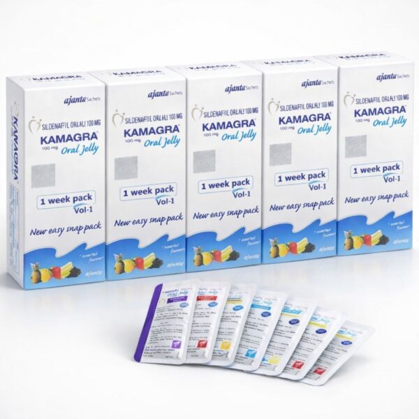 Kamagra Oral Jelly 100 mg sildenafil kırılan uzun 5’li paket kutu ve aromalı saşe ürün görseli beyaz arka plan üzerinde