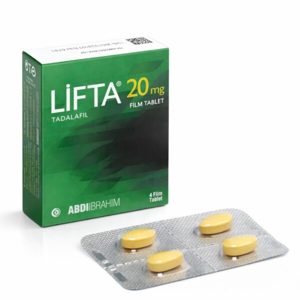 Lifta 20 mg tadalafil film tablet kutusu ve 4’lü blister sarı tabletler beyaz arka planda net ürün görseli