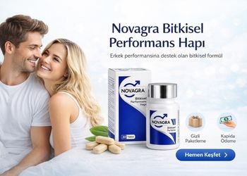 Novagra bitkisel performans hapı banner görseli, mutlu çift ve ürün kutusu ile beyaz açık arka plan üzerinde profesyonel reklam tasarımı