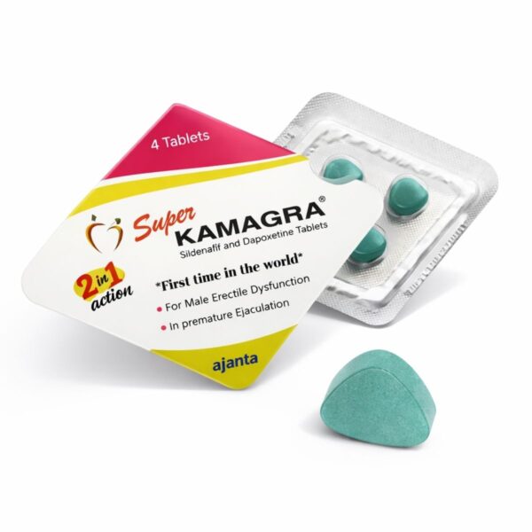 Süper Kamagra 100 mg 4 tablet kutusu ve yeşil üçgen tabletler beyaz arka planda