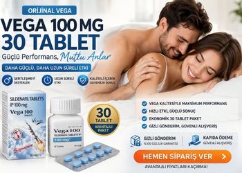 Vega 100 Mg 30 tablet kutu ve tablet görseli, kampanyalı paket ve performans artırıcı ürün bannerı