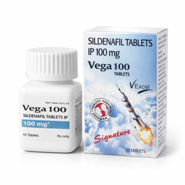 Vega 100 mg 30 tablet tablet kutusu ve şişesi beyaz zemin üzerinde profesyonel 3D stüdyo ürün fotoğrafı