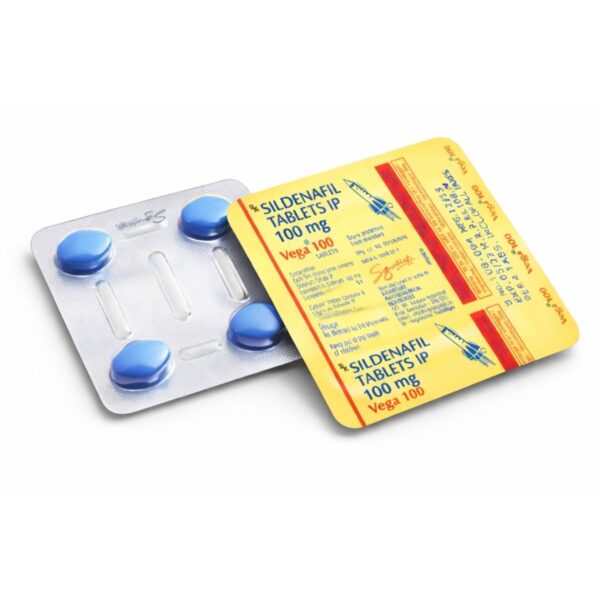 Vega 100 mg sildenafil tablet blister ambalajı, 4’lü mavi tablet içeren yüksek çözünürlüklü ürün görseli