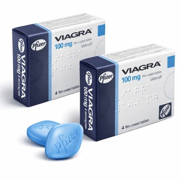 Viagra 100 mg 4’lü tablet 2 kutu toplam 8 tablet orijinal sildenafil ürün beyaz fonda kutu ve tablet görünümü