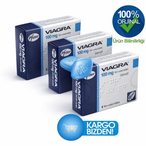 Viagra 100 mg 4lü tablet 3 kutu toplam 12 tablet orijinal sildenafil ürün beyaz fonda kutular ve mavi tablet görünümü