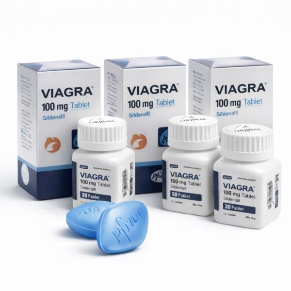 Viagra 100 mg 90 tablet 3 kutu 30lu sildenafil orijinal ürün beyaz fonda kutu ve şişe görünümü