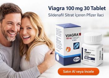 Viagra 100 mg 30 tablet ürünü ile mutlu çift konseptli profesyonel banner görseli ve satın al butonu