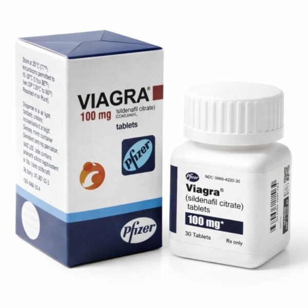 Viagra 100 mg 30 tablet kutu ve şişe ambalajı beyaz arka planda profesyonel ürün çekimi