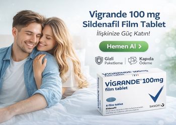 Vigrande 100 mg sildenafil film tablet banner, mutlu çift görseli, gizli paketleme ve kapıda ödeme ikonları ile
