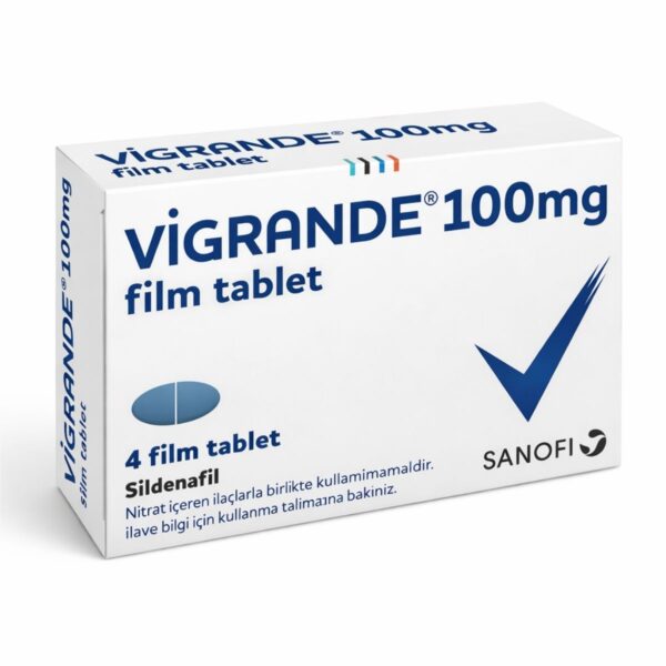 Vigrande 100 mg sildenafil film tablet kutusu beyaz arka planda 3D stüdyo çekimi görseli